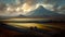 Picturesque mountains under the clouds. Sleeping volcano. Imitation of oil painting. AI-generated