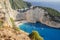 Picturesque Navagio sandy beach with famous shipwreck on north west coast of Zakynthos island, Greece