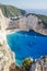 Picturesque Navagio sandy beach with famous shipwreck on north west coast of Zakynthos island, Greece