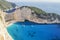 Picturesque Navagio sandy beach with famous shipwreck on north west coast of Zakynthos island, Greece