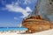 Picturesque Navagio sandy beach with famous shipwreck. It is situated on west coast of Zakynthos island, Greece.