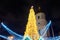 Picturesque night view of illuminated Main Kyiv`s New Year tree on Sophia Square in Kyiv, Ukraine