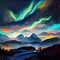 Picturesque northern lights over the mountains. Abstract painting. Imitation of oil painting. Digital illustration. AI