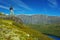 Picturesque Norway mountain landscape with tourist