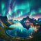 Picturesque Norwegian Fjord at Night with Northern Lights, AI