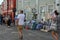 Picturesque old town of Porvoo, Finland - people walking on the cobble stone street