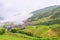 Picturesque paddy rice terraces and village houses in Jinkeng, Longji, Guangxi, China in a foggy and cloudy day with occasional