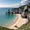 Picturesque panoramic landscape on the cliffs of Etretat. Natural amazing cliffs. Etretat, Normandy, France, La Manche