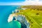 Picturesque panoramic landscape on the cliffs of Etretat. Natural amazing cliffs. Etretat, Normandy, France, La Manche or English