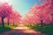 A picturesque park awash with the delicate shades of pink and red as cherry or maple trees come into bloom, heralding