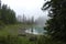 Picturesque peaks of Dolomites mountains in reflection of crystal clear pond surrounded by coniferous forest. Lake of Caresse in