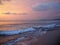 Picturesque Pink sunset on lake beach sea sand beautiful colors in the sky clouds