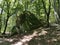 A picturesque place in the forest. Magic stone dolmen. Mountain paths along the mountain river.