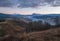 Picturesque pre sunrise morning above late autumn mountain countryside. Ukraine, Carpathian Mountains, Hoverla and Petros tops in