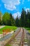 A picturesque railway through a green forest on a sunny day