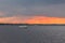 The picturesque river landscape at sunset. The Volga river, Samara city, Russia. River pleasure boat