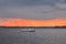 The picturesque river landscape at sunset. The Volga river, Samara city, Russia. River pleasure boat