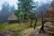 Picturesque rural landscape of an authentic ukrainian village at colorful autumn with wooden huts