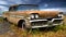 Picturesque rural landscape with old car.