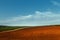 Picturesque rural landscape. Plowed field and vineyards against the blue sky