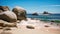 A picturesque sandy beach with magnificent large rocks jutting out of the crystal-clear water, Big rocks on the ocean landscape