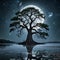 A picturesque scene featuring a tree rooted in the water illuminated by the full moon.