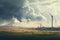 A picturesque scene of multiple windmills standing tall in a vast field beneath a clear blue sky., Renewable energy with wind