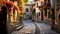 A picturesque scene of a serene small village with a charming cobblestone street, An old, winding, cobblestone street in a small