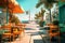 Picturesque seaside cafe on blue sky background. Generative AI