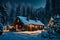 A picturesque snowy landscape with a charming cabin covered in holiday lights and wreaths