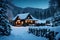 A picturesque snowy landscape with a charming cabin covered in holiday lights and wreaths