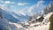 A picturesque snowy mountain landscape with houses and trees nestled among the white snow, Idyllic Swiss Alps with a blanket of