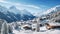 A picturesque snowy mountain rises in the background while a small village sits in the foreground., Panoramic view of village in