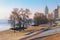 Picturesque spring morning landscape view of Dnieper River with the beach in modern Obolon district.