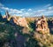 Picturesque spring view of  Cappadocia. Deep blue sky over Uchisar Castle. Bright morning scene of famous Uchisar village,