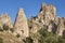 Picturesque stone houses caves in Usichar fortress village. Cappadocia. Turkey