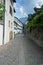 Picturesque street in an old alpine village in the Swiss Alps