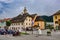 Picturesque street view of Vallabassa town, Dolomite Alps, Italy