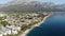 Picturesque summer aerial view of coastal area of Kemer and marina with moored yachts on Mediterranean coast on