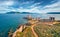 Picturesque summer view from flying drone of old Methoni Castle.