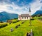 Picturesque summer view of Nes Church,  parish church in Luster Municipality in Sogn og Fjordane county, Norway. Splendid morning