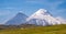 Picturesque summer volcanic landscape of Kamchatka Peninsula: view of active Volcano.