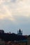 Picturesque sunset cityscape view of Kyiv. Ancient Saint Andrew Church on the top of the hill