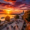 Picturesque sunset over the Danube River, showcasing Belgrade Fortress