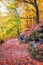 Picturesque tourist pathway in autumn forest. Saxon Switzerland National Park, Germany