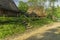 Picturesque Ukrainian village rural country side landmark view with wooden cabins surrounded by spring time blossom sunny nature