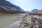 Picturesque unearthly landscape - dull-white Akkol Lake (Ak-Kol, Akkul) in the Altai Mountains in autumn, South Chuya