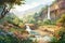 A picturesque valley with cascading waterfalls, lush greenery, and blooming wildflowers realistic style tranquil mood