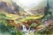 A picturesque valley with cascading waterfalls, lush greenery, and blooming wildflowers realistic style tranquil mood