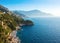 A picturesque  view of  the Amalfi Coast from the Conca dei Marini with morning mist above the sea, Campania, Italy